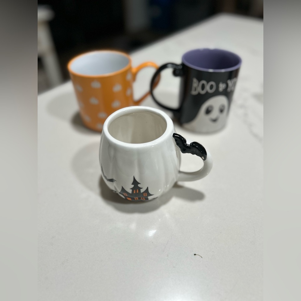 Lot of 3 Halloween Fall Pumpkin Ghost Bat Coffee Cup